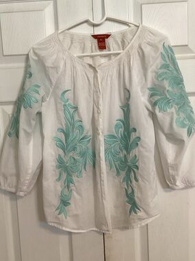 Sundance White Peasant Blouse with Aqua Embroidery